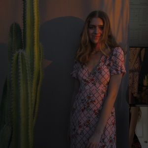 Contemporary floral wrap midi dress